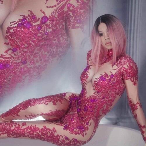 Sexy Sparkly Rose Rhinestones Jumpsuit Women Stretch Jazz Dance Costume Nightclub One-piece Bodysuit Rave Outfit Party Leggings