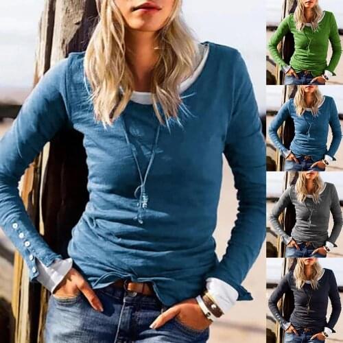Women Casual O Neck Long Sleeve Buttons Cuff Slim Pullover Blouse Bottoming Top