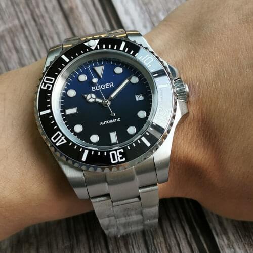 44mm Bliger Black Blue Dial Luminous Ceramic Bezel Stainless steel NH35 Date Automatic Mens Watch