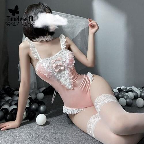 2021 New Sexy Bride Cosplay Costumes 3pcs Veil Collar Bodysuit Pink Kawaii Outfit For Female Lace Porno Maid Lingerie Set