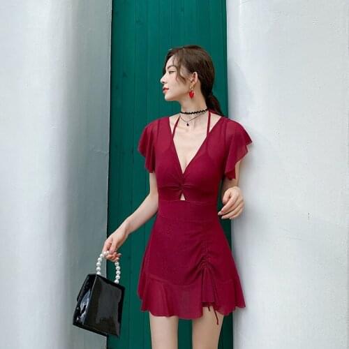 High Waist Swimwear Dress One Piece Girl Swimsuit Push Up Fused Korean Female Swim One Beach Wear For Teens Bikini Fairy Red