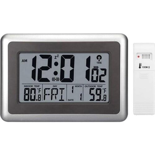 Digital Atomic Wall Clock, Desk Alarm Clock, Battery Operated With Wireless Sensor 300 Ft / 100 Meter Range, Large Lcd Display