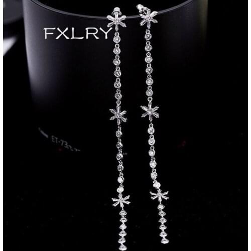FXLRY Romantic White Color AAA Cubic Zirconia Snowflake Shaped Long Drop Earrings Shinning For WomenS Wedding Jewelry