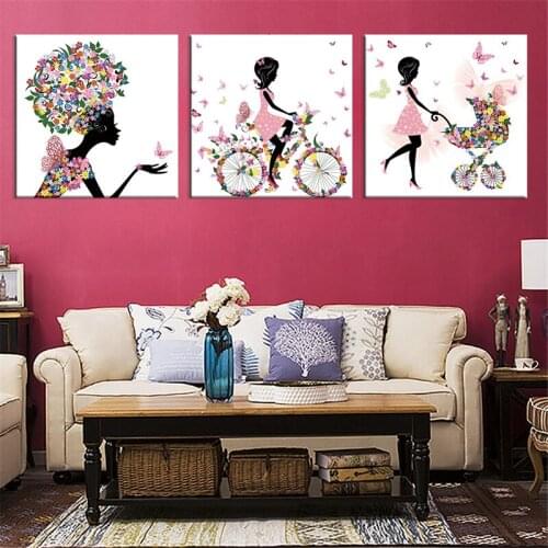 HAOCHU 3pcs/set Colorful Modern Girl Flower Butterfly Bicycle Dress Love Poster Living Room Decoration Spray Canvas Painting