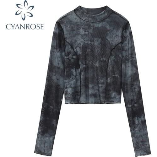 Tie Dyed Crop Tops For Women 2021 Summer New Style Thin Base Round Collar Long Sleeve Slim Mesh Sunscreen Beach T-Shirt Female