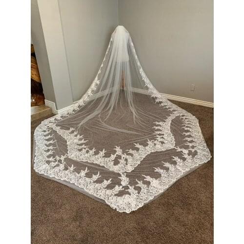 White/Ivory Lace Appliqued 3m Long Bridal Wedding Veil Mantilla Accessories Veu De Noiva EE301