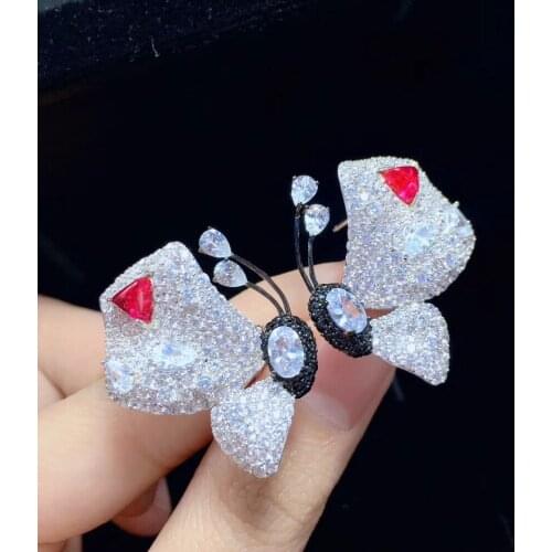 Cute romantic butterfly stud earring 925 sterling silver with cubic zircon white and red mixed color fine women jewelry