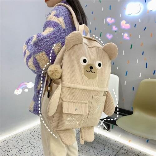 New Corduroy Cute Bear Women Backpack Female Embroidery Big Winter Student Schoolbag Multi-pocket Travel Bag for Teenage Girls