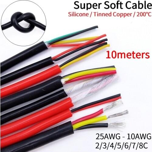 10M Sheath Wire 2 3 4 5 6 7 8 Cores Super Soft Flexible Silicone Rubber 25 24 22 20 18 17 15 13 11 10 AWG Power Copper Cable