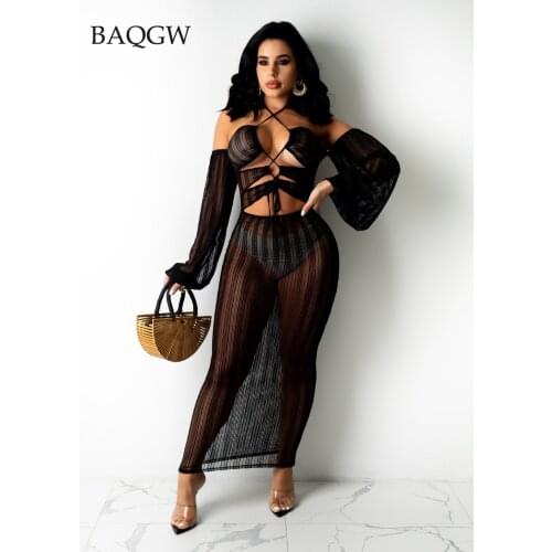 Sexy Mesh Sheer Hollow Out Dress Spring Off Shoulder Bandages Dress for Women 2021 Party Club Halter See Through Maxi Dress 2XL