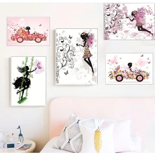 Butterfly Fairy Canvas Painting Flower Angel Girl Pink Nordic Style Posters And Prints Wall Art Wall Pictures Kids Room Décor