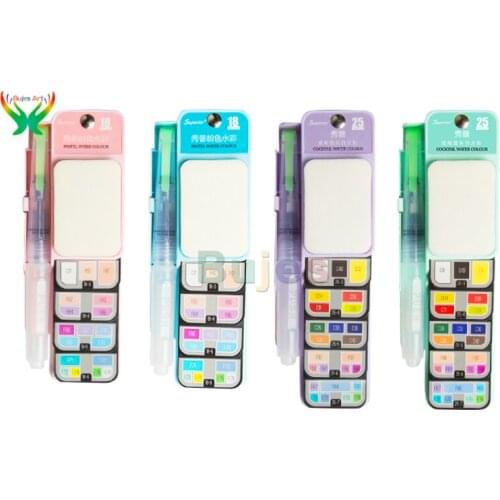 Superior 18/25 Solid Watercolor Paint Set With Water Brush Pen Foldable fan-shaped Water Color Pigment For Drawing art suit