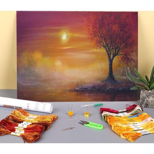 Natural Scenery Flames Of Fall Printed Water-Soluble Canvas 11CT Cross-Stitch DIY Embroidery Set DMC Threads Craft Magic