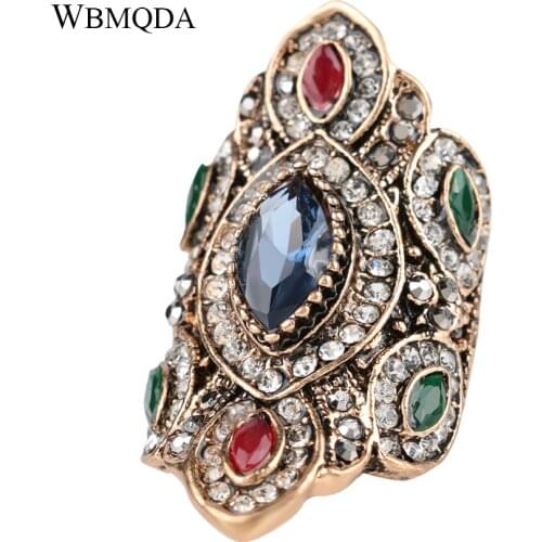 Wbmqda Punk Rock Vintage Wedding Rings For Women Antique Gold Color Exaggerated Big Crystal Resin Ring Turkey Jewellery Gift