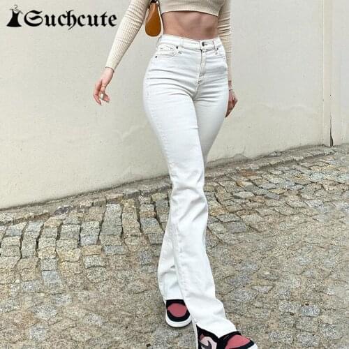 SUCHCUTE High Waist Split Jeans Pants For Women Solid Color Slim Outfits Denim Trousers Summer Streetwear Korean Pants Harajuku