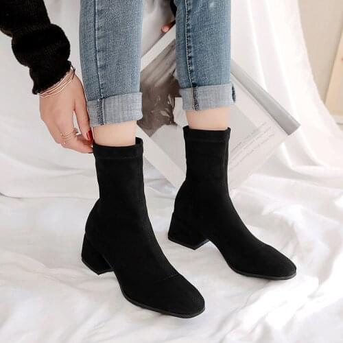 Ladies Elastic Ankle Sock Boots Square Heels Pointed Toe Slim Stretch Boots Autumn Winter Suede Boots Shoes Women Bota Feminina