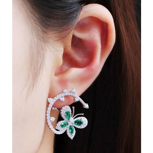 SWOUR New Fashion Jewelry S925 Silver Needle CZ Half Circle Wreath Butterfly Design Green Crystal Stud Earrings For Women S406