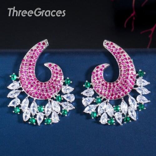 ThreeGraces Irregular Full Micro Fuchsia Cubic Zirconia Crystal Designer Big Drop Earrings Women Party Jewelry Accessories ER432