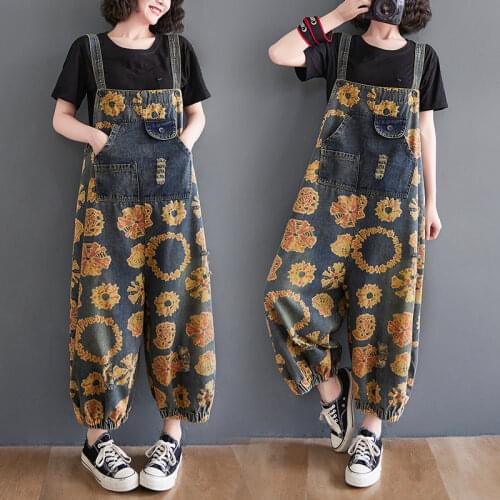 #2311 Spring Denim Overalls Women Printed Jeans Jumpsuit Ladies Loose Vintage Wide Leg Jumpsuits Rompers Front Pockets