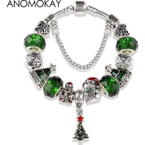 2020 Classic Green Christmas Tree Diy Charm Bracelet Silver Plated Snowflake Santa Bear Bead Xmas Bracelet for Kids Gift Bijoux
