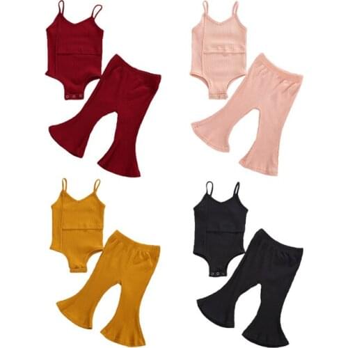2020 0-3Y Toddler Baby Girl Clothes Sleeveless Spaghetti Straps Romper Top+Long Flared Pant Solid Knited 2pcs Kids Outfits Set