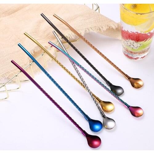 7pcs Stainless Steel Long Twisted Straw Spoon Stirring Scoop Reusable Coffee Drink Cocktail Mixing Teaspoon for Party Bar