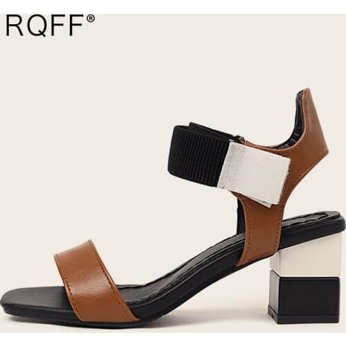 Sandals Women 2021 Summer New Fashion Peep Toe 7cm Block High Heels Handmade Hook & Loop Adult Black Blue Shoes Plus Size 33 43