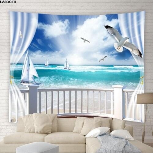Ocean Scenery Tapestry Beach Palm Tree Leafs Window View Background Wall Hanging Cloth Living Room Bedroom Curtain Home Decor