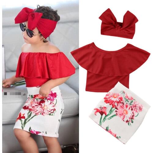 Toddler Lovely Kids Childrens Clothing Set Little Girls Red Ruffles Off Shoulder Tops Floral Skirt Headband Outfit Baby Clothes