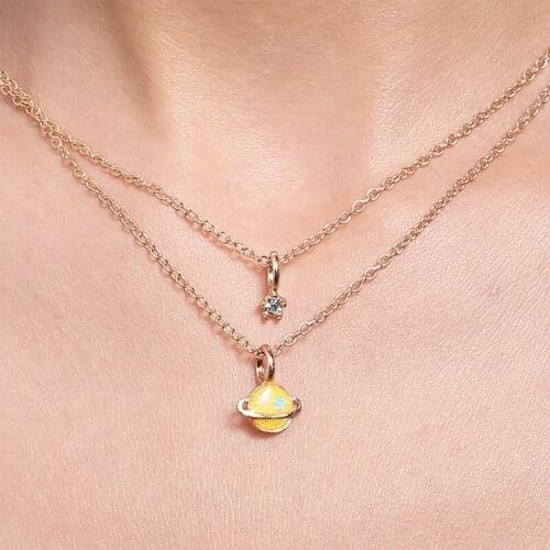 Fashion 3 Color Planet Star Pendant Necklace Charming Womens Multilayer Gold Clavicle Necklace Creative Cartoon Girl Jewelry