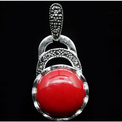 Fashion jewelry Free Shipping VINTAGE 925 STERLING SILVER RED CORAL MARCASITE NECKLACE PENDANT 40X20MM