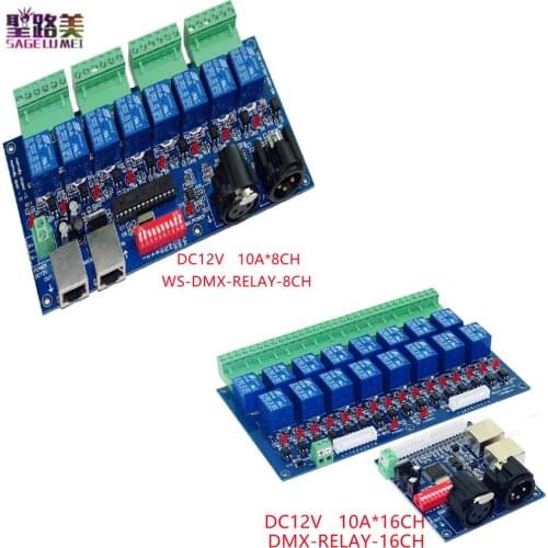 DMX-RELAY-8CH/16CH Channel Relay Switch DMX512 Decoder Controller DMX relay control DC12V 10A*8CH XLR+RJ45 for led strip lights