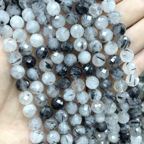 6 8 10mm Natural Genuine Faceted Black Rutilated Quartz Loose Spacer Beads For Jewelry DIY Making Bracelet Necklace Accessories