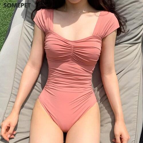New Korean Women Triangular One-piece Sexy Swinsuit Steel-free Pure Color Ruched Short Sleeves Swimwear Backless Sexy Suit