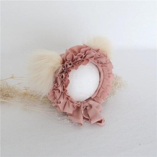 Pink Newborn Ruffle Floral Bonnet Luxury Baby Bear Bonnet Newborn Photography Props Fluffy Pom Pom Hat Furry Baby Girl Hat Cap