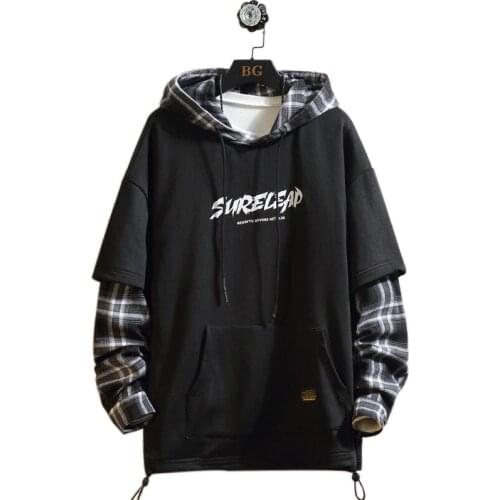 2020 Autumn Spring Black Patchwork Hoodies Mens Sweatshirts Hiphop Punk Streetwear Casual Pullover