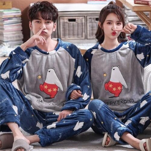 Autumn Winter Long Sleeved Flannel Pajama Sets for Men Womens Sleepwear Suit Couple Pajamas Lounge Wear Cartoon Home Clothes