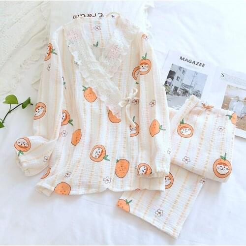 Spring Cotton Gauze Women Pajamas Nursing Pregnant V-Neck Sleepwear Long Sleeve Lounge Wear Cartoon Print Two Piece Home Set