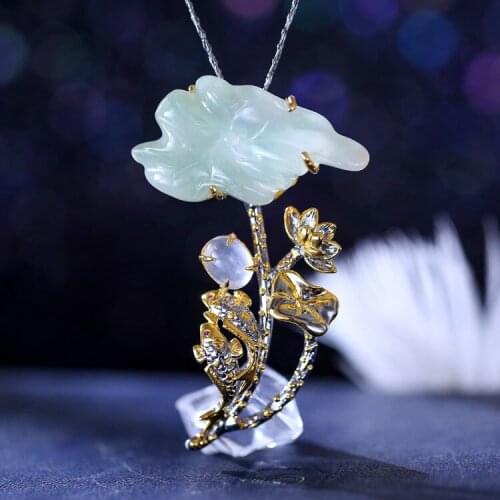 Retro Thai Silver Handmade Design S925 Sterling Silver Inlaid Natural Jade Carvings Water Foam Lotus Pendant And Brooch Dual-use