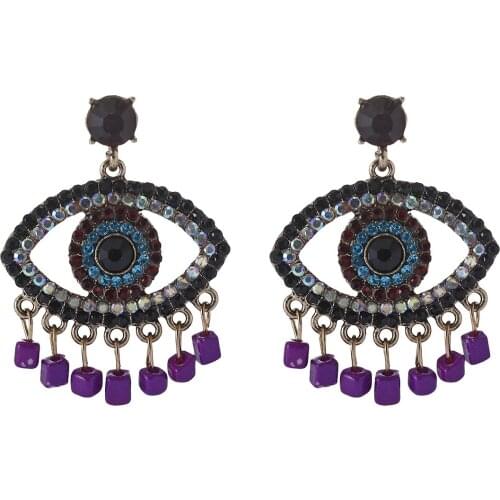 Vintage Antiqued Gold Color Evil Eye Shaped Colorful Rhinestone Big Pendant Drop Earrings for Women Girls Jewelry