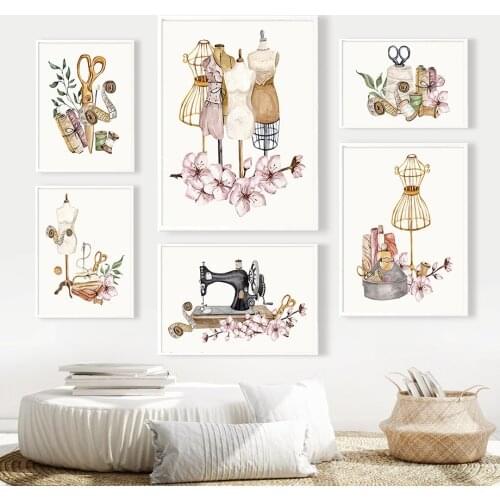 Vintage Sewing Machine Fashion Dress Wall Art Canvas Painting Nordic Posters And Prints Wall Pictures For Sewing Room Home Decor
