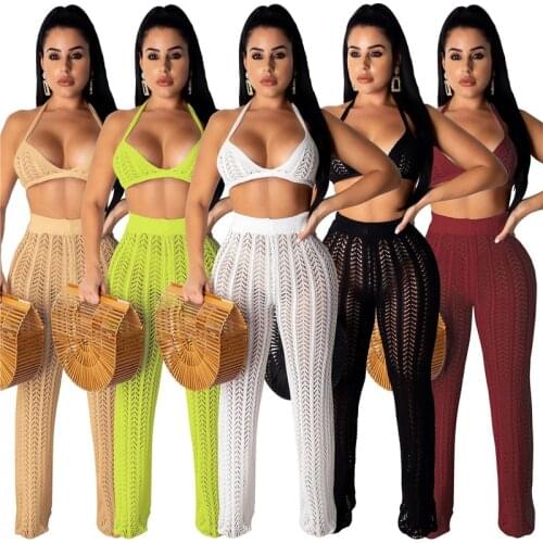 Yellow Knitted Crochet Two Piece Sets Women Halter Sleeveless Crop Top and Wide Leg Pants Sexy Beach Wear Club 2 Piece Outfits