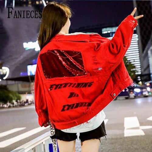 Autumn Loose Pocket Hole Sequin Embroidery Black Red Denim Jacket Female Outwear Loose Retro Women Tops Chamarras de mujer
