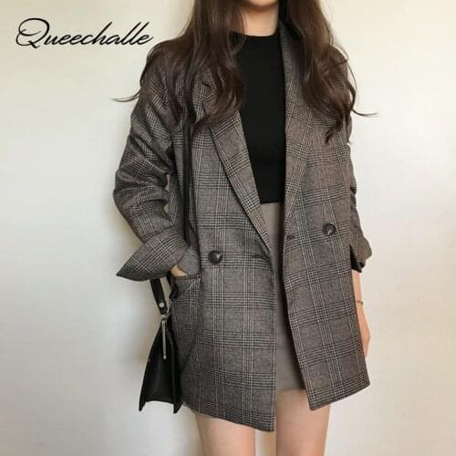 Coffee Gray Plaid Suit Blazer Women 2020 Spring Autumn Office Lady Formal Notched Loose Jacket Coat Long Sleeve Blazer Outerwear