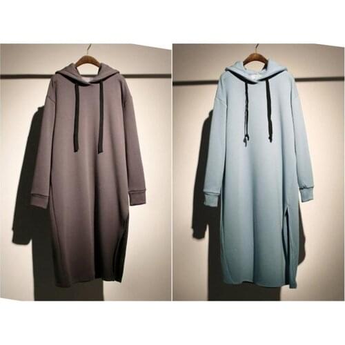 Women Long Dress Hoodie / Black Side Slit Oversized Overlong Below Knee Lenght Terry / Curved Bottom Dress Tunic Pearl Kaftan