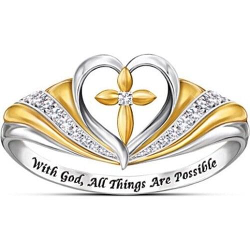 WYJZY New Cross Love Heart Shaped Micro Zircon Bicolor Ring Ladies Anniversary Gift Jewelry