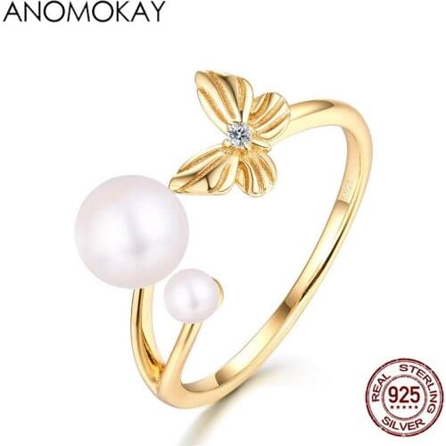 Anomokay New Design Pearl Butterfly Open Gold Rings for Women Mom Lover Girl Birthday Gift 925 Sterling Silver Resizable Ring