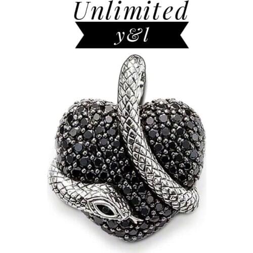 Snake Winding Black CZ Pave Setting Heart Pendant for Necklace Women Men Thomas Style Silver Fashion DIY Jewelry Making 2018 New