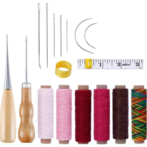 17PCS Leather Waxed Thread Sewing Repair Tool Sets Awl Hand Stitching Taper Leather Craft Needle Tool Kit Leather Sewing Craft