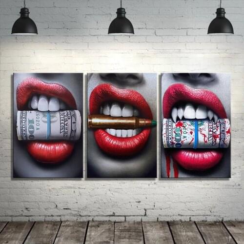 3 Panel Wall Art Prints Posters Sexy Red Lips Bite Bullet and Money Modern Canvas paintings For living room Decor Unframed